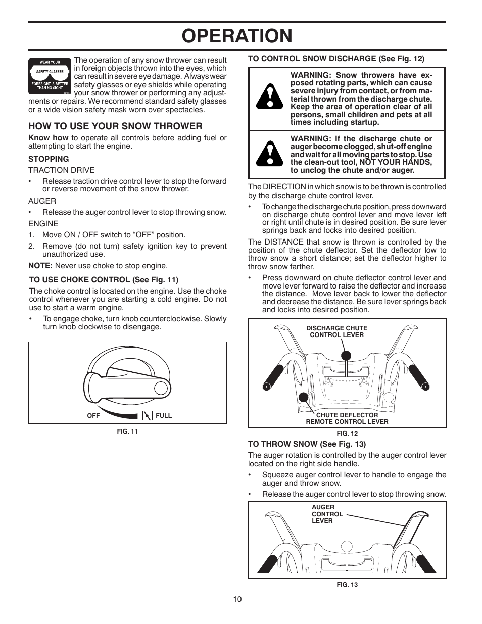 Operation | Poulan Pro PP1150ES SNOW THROWER User Manual | Page 10 / 40