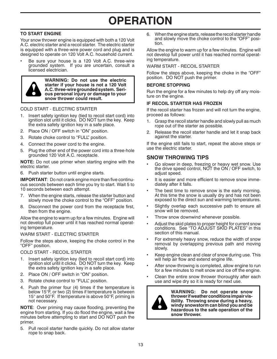 Operation | Poulan Pro PP1150ES SNOW THROWER User Manual | Page 13 / 40