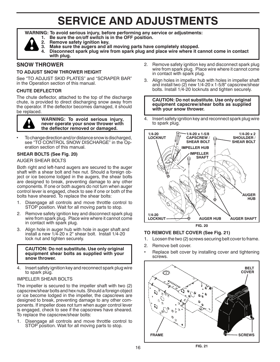 Service and adjustments, Snow thrower | Poulan Pro PP1150ES SNOW THROWER User Manual | Page 16 / 40