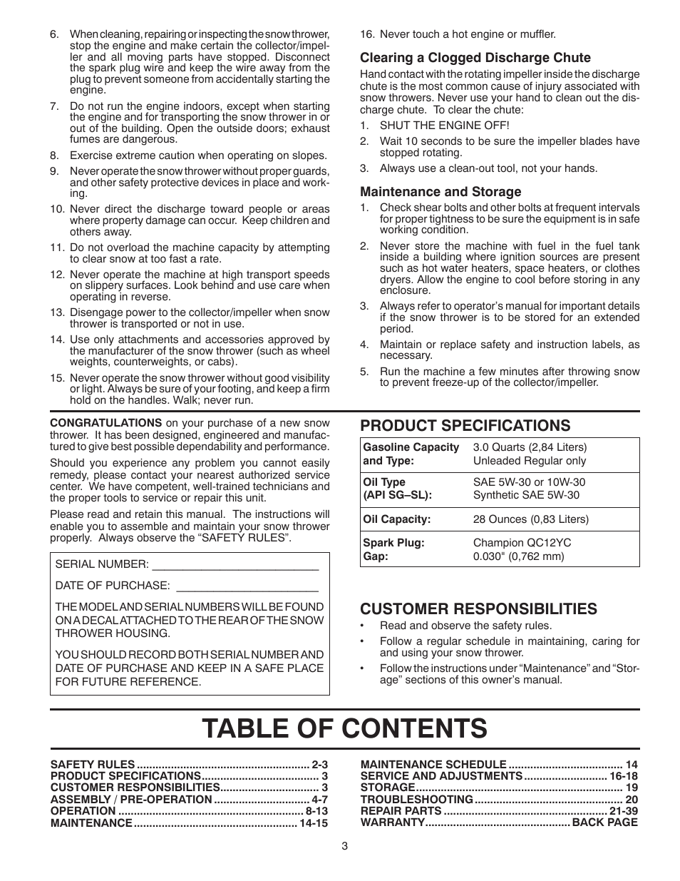 Poulan Pro PP1150ES SNOW THROWER User Manual | Page 3 / 40