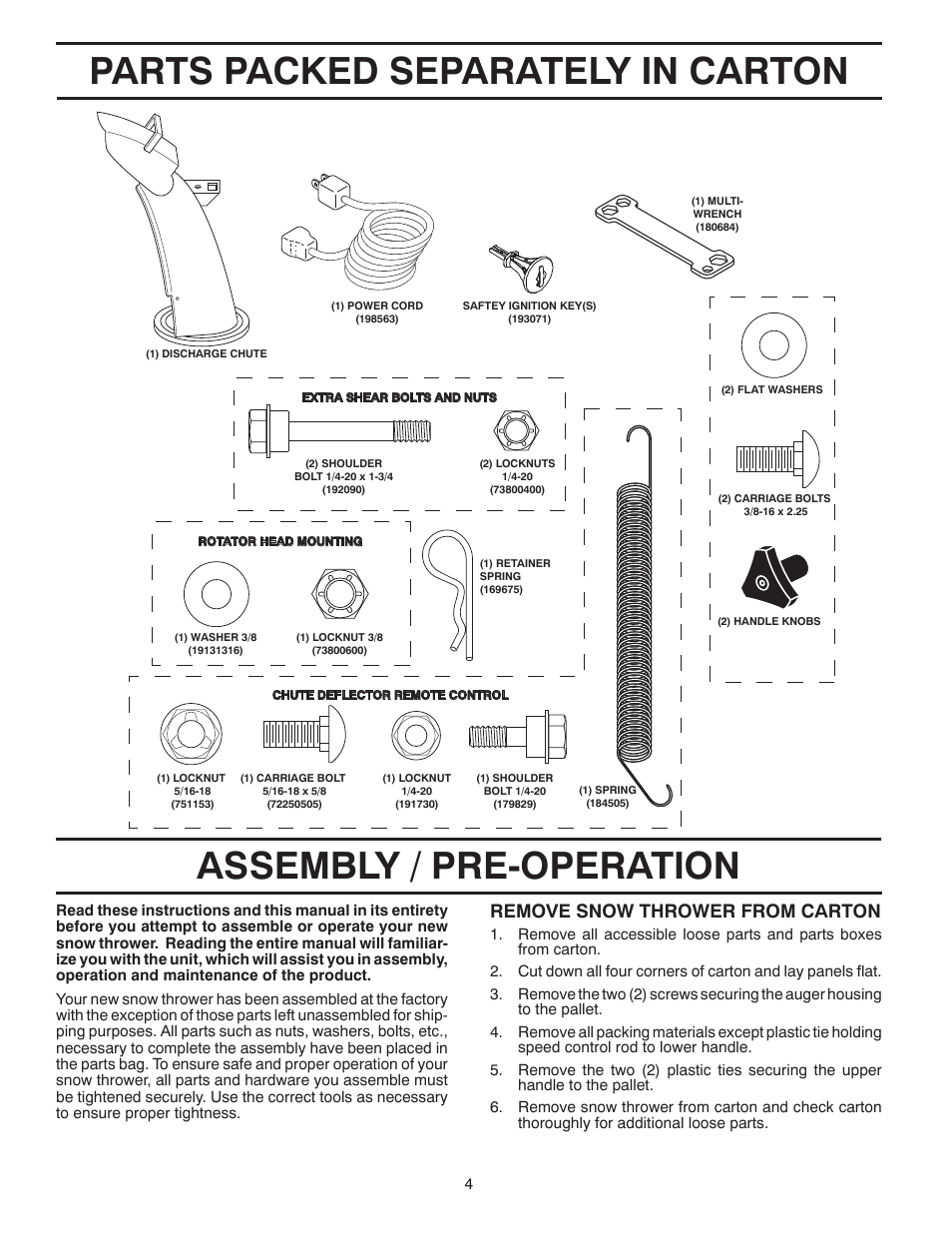 Parts packed separately in carton, Assembly / pre-operation, Remove snow thrower from car ton | Poulan Pro PP1150ES SNOW THROWER User Manual | Page 4 / 40