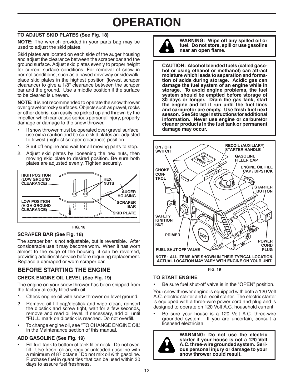 Operation, Before starting the engine | Poulan Pro PR18530ES SNOW THROWER User Manual | Page 12 / 44