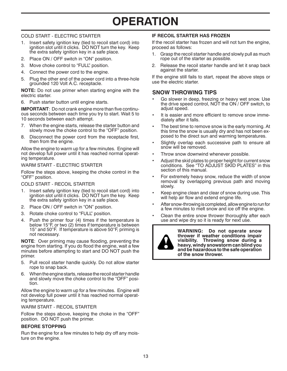 Operation | Poulan Pro PR18530ES SNOW THROWER User Manual | Page 13 / 44