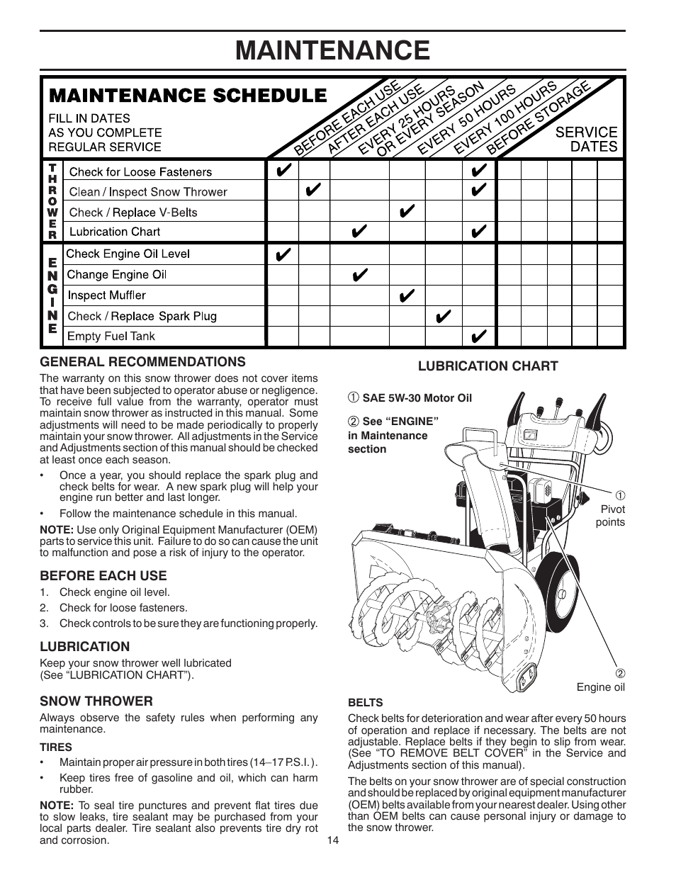 Maintenance | Poulan Pro PR18530ES SNOW THROWER User Manual | Page 14 / 44