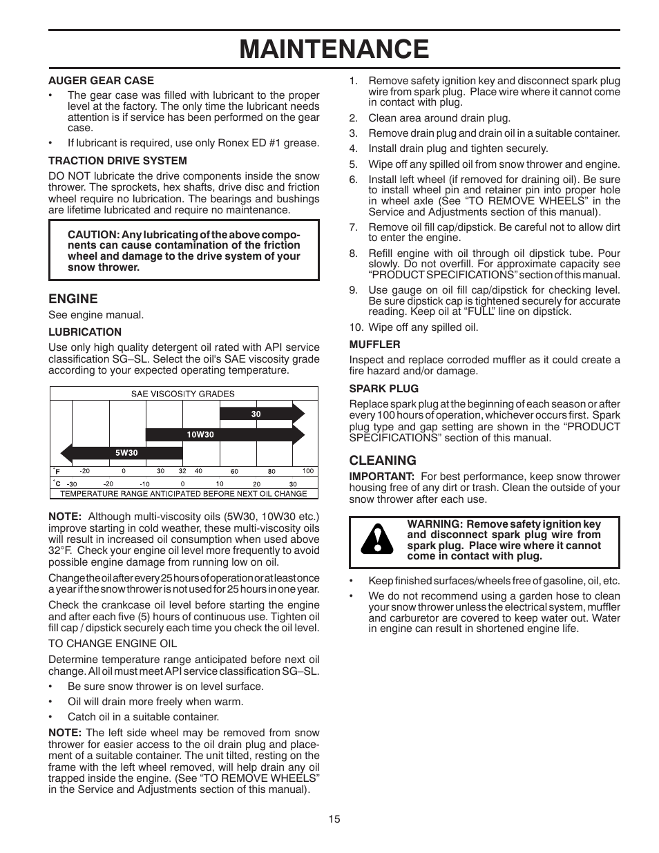 Maintenance | Poulan Pro PR18530ES SNOW THROWER User Manual | Page 15 / 44