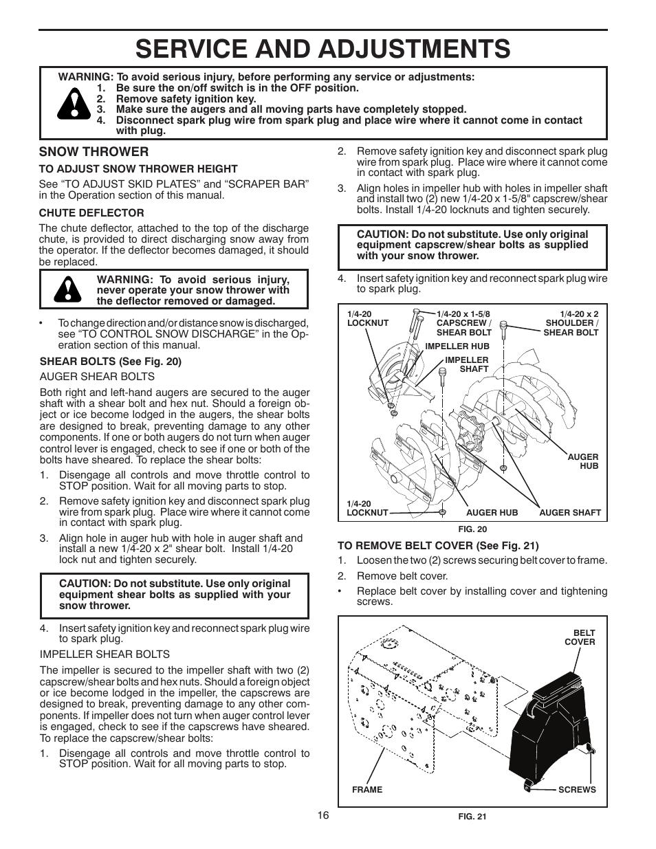 Service and adjustments, Snow thrower | Poulan Pro PR18530ES SNOW THROWER User Manual | Page 16 / 44