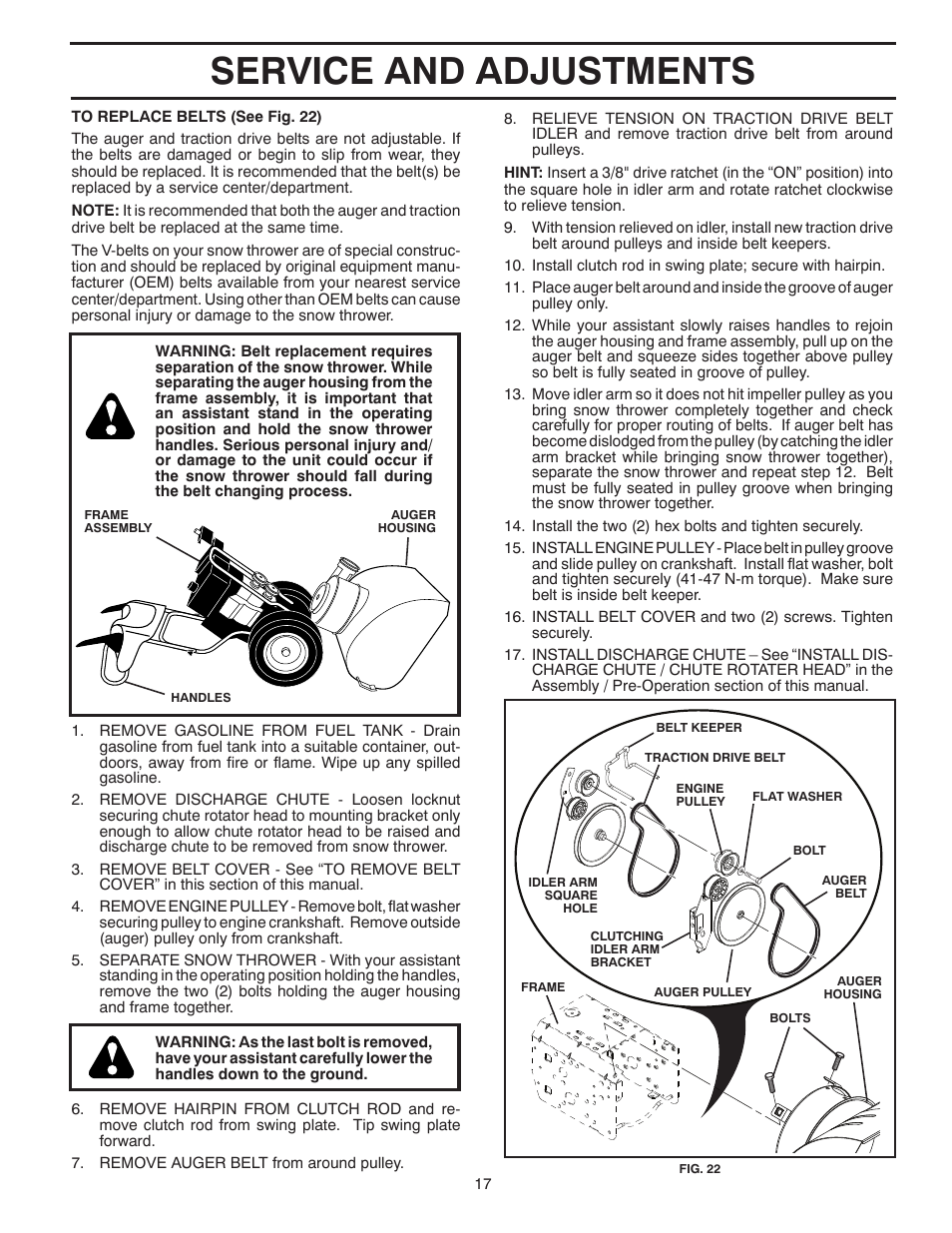 Service and adjustments | Poulan Pro PR18530ES SNOW THROWER User Manual | Page 17 / 44