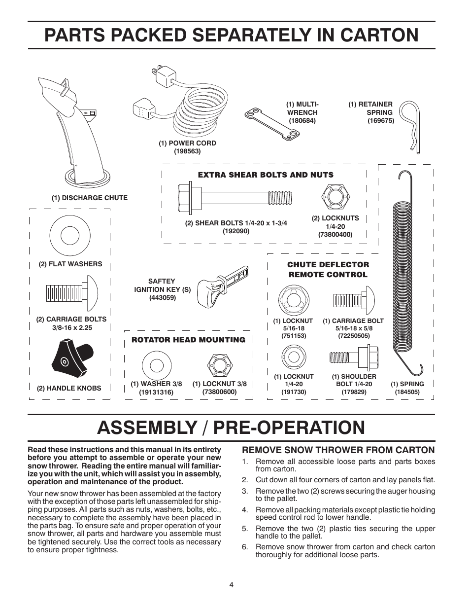 Parts packed separately in carton, Assembly / pre-operation, Remove snow thrower from car ton | Poulan Pro PR18530ES SNOW THROWER User Manual | Page 4 / 44