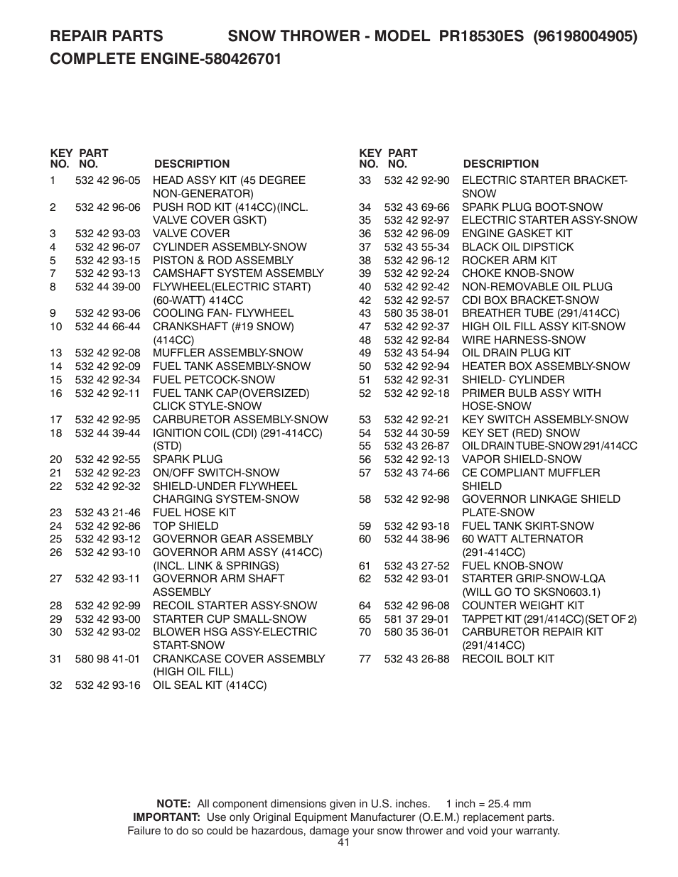 Poulan Pro PR18530ES SNOW THROWER User Manual | Page 41 / 44