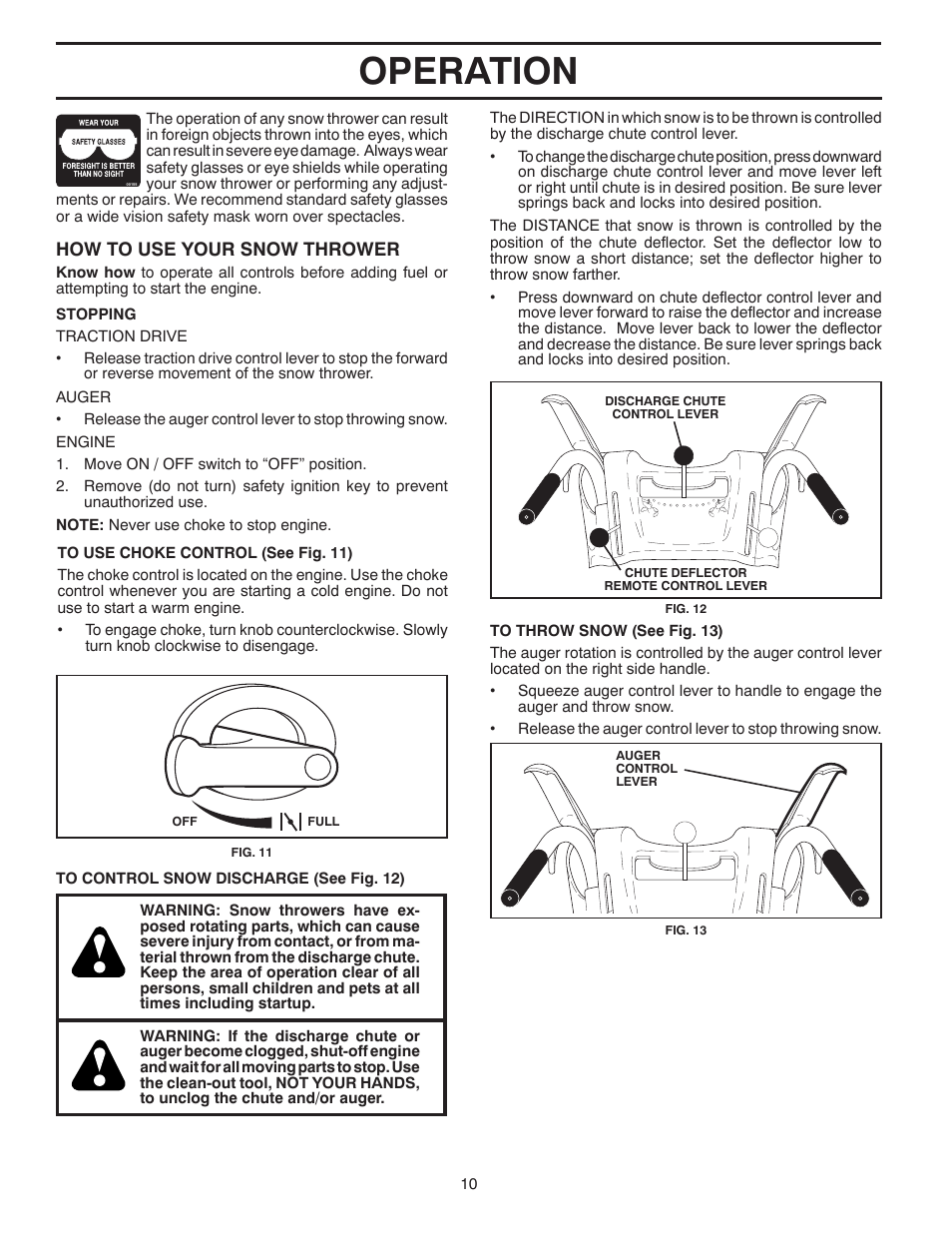 Operation | Poulan Pro 961980057 SNOW THROWER User Manual | Page 10 / 40