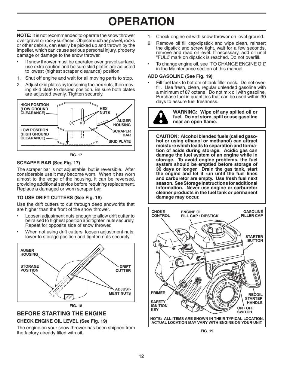 Operation, Before starting the engine | Poulan Pro 961980057 SNOW THROWER User Manual | Page 12 / 40