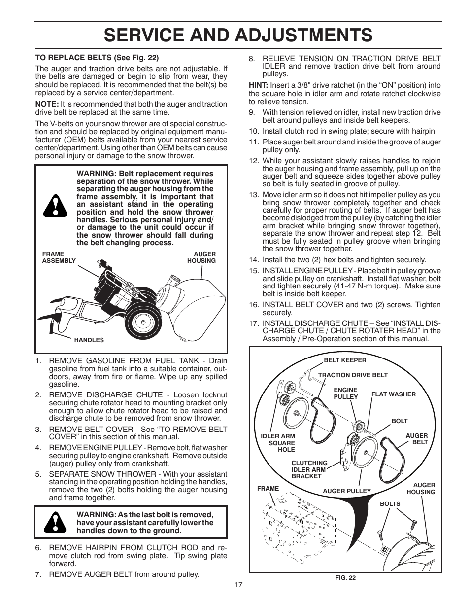 Service and adjustments | Poulan Pro 961980057 SNOW THROWER User Manual | Page 17 / 40