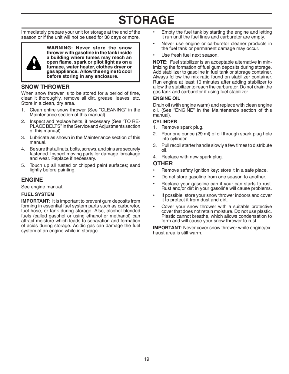 Storage | Poulan Pro 961980057 SNOW THROWER User Manual | Page 19 / 40