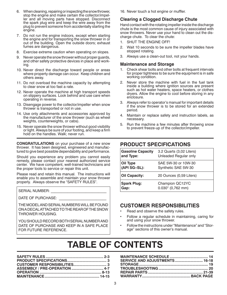 Poulan Pro 961980057 SNOW THROWER User Manual | Page 3 / 40