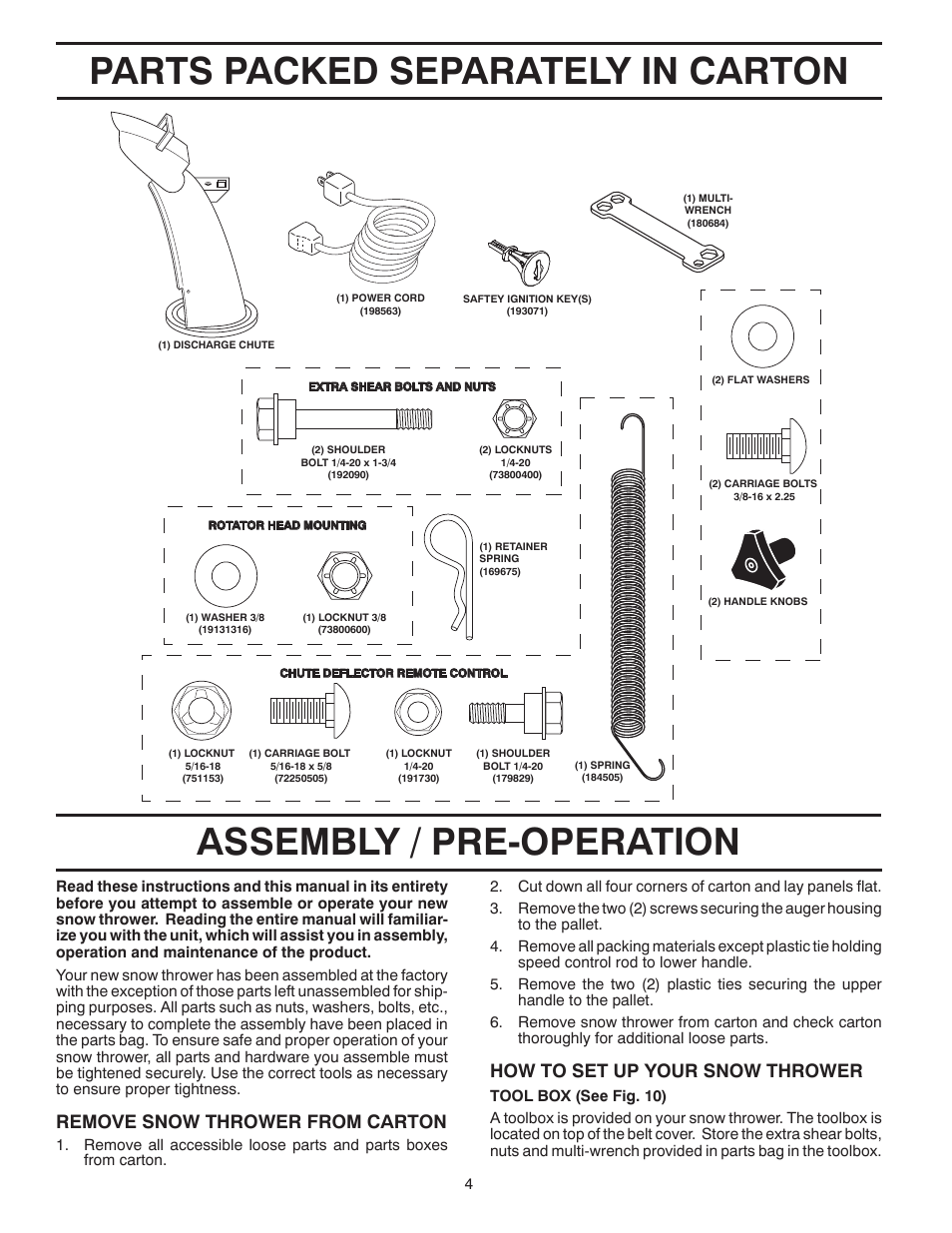 Parts packed separately in carton, Assembly / pre-operation, Remove snow thrower from car ton | How to set up your snow thrower | Poulan Pro 961980057 SNOW THROWER User Manual | Page 4 / 40