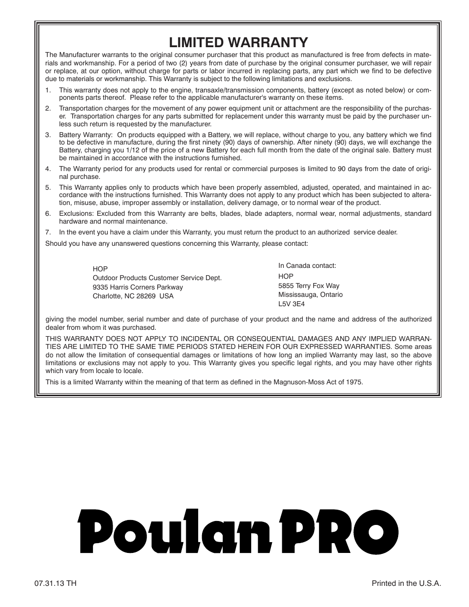 Limited warranty | Poulan Pro 961980057 SNOW THROWER User Manual | Page 40 / 40