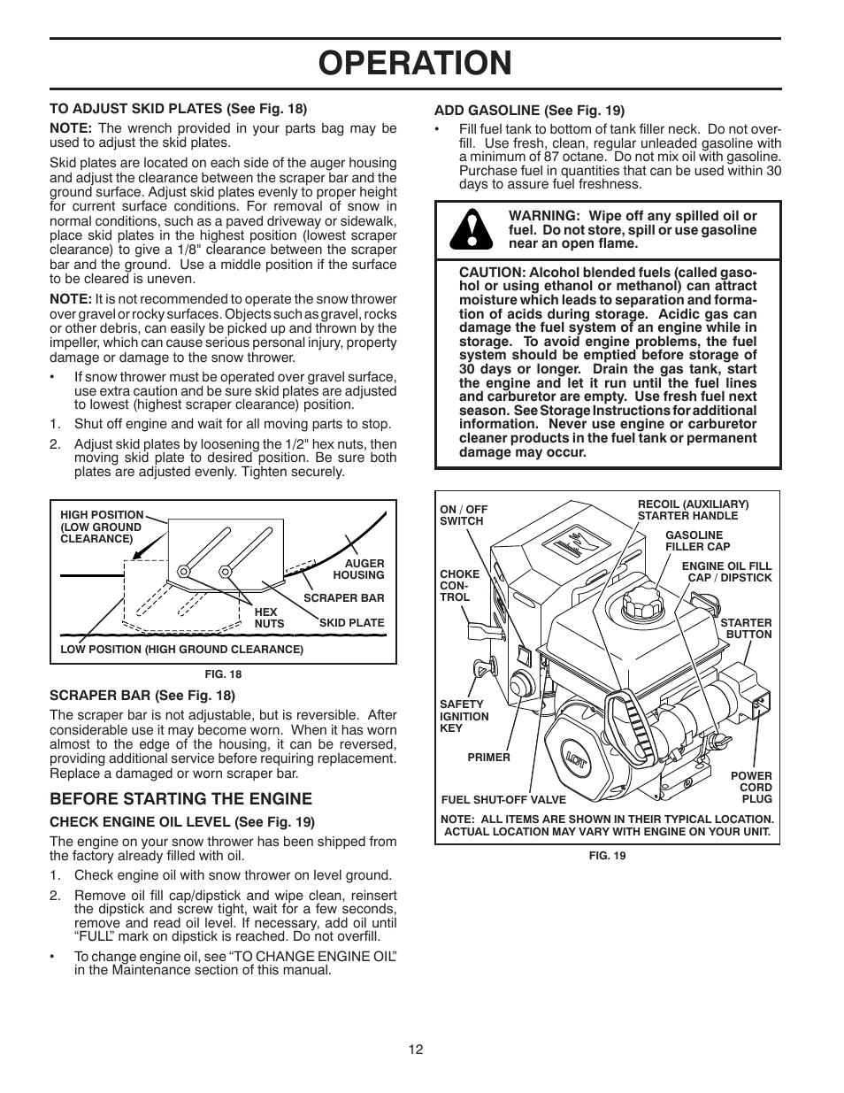 Operation, Before starting the engine | Poulan Pro PR14527ES SNOW THROWER User Manual | Page 12 / 44