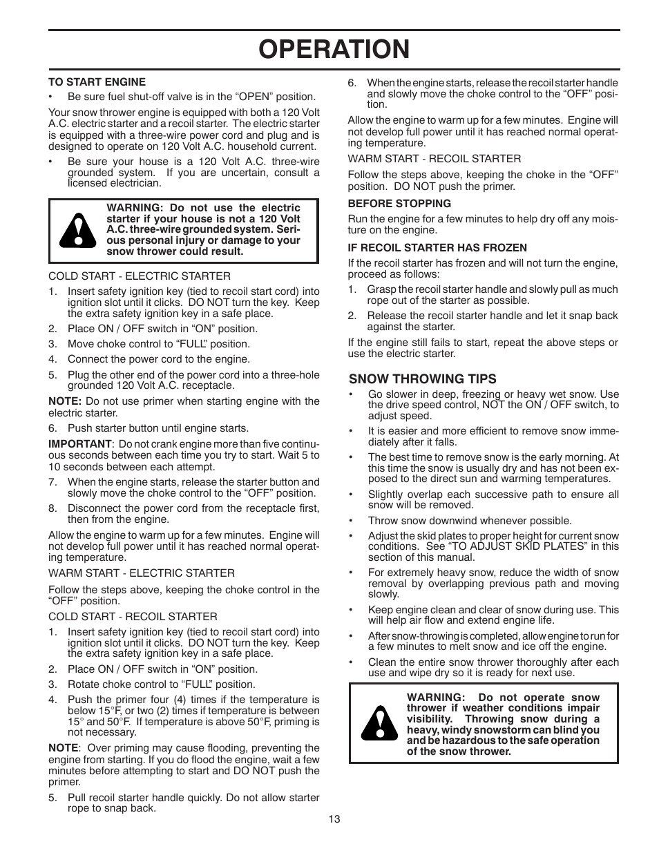 Operation | Poulan Pro PR14527ES SNOW THROWER User Manual | Page 13 / 44