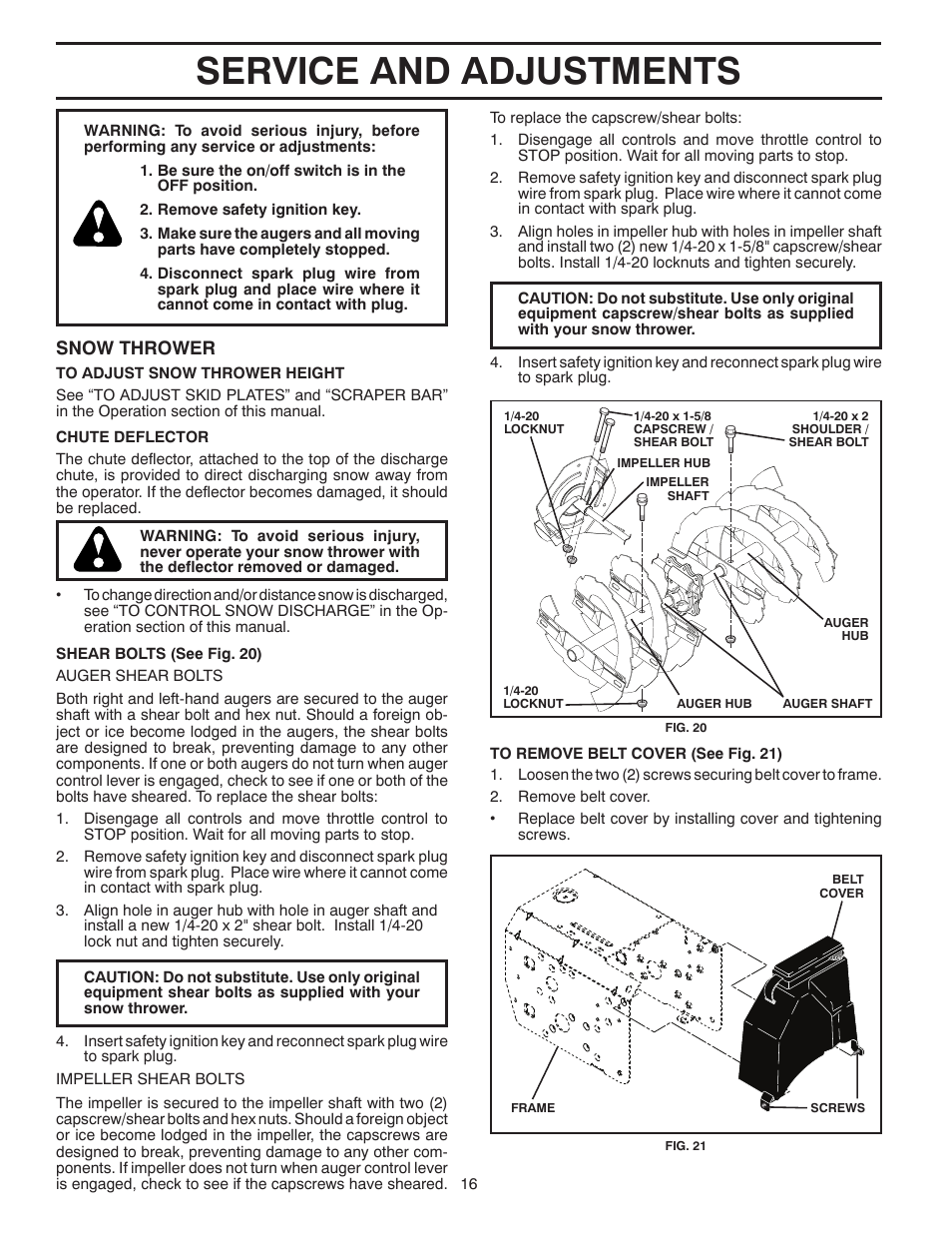 Service and adjustments, Snow thrower | Poulan Pro PR14527ES SNOW THROWER User Manual | Page 16 / 44