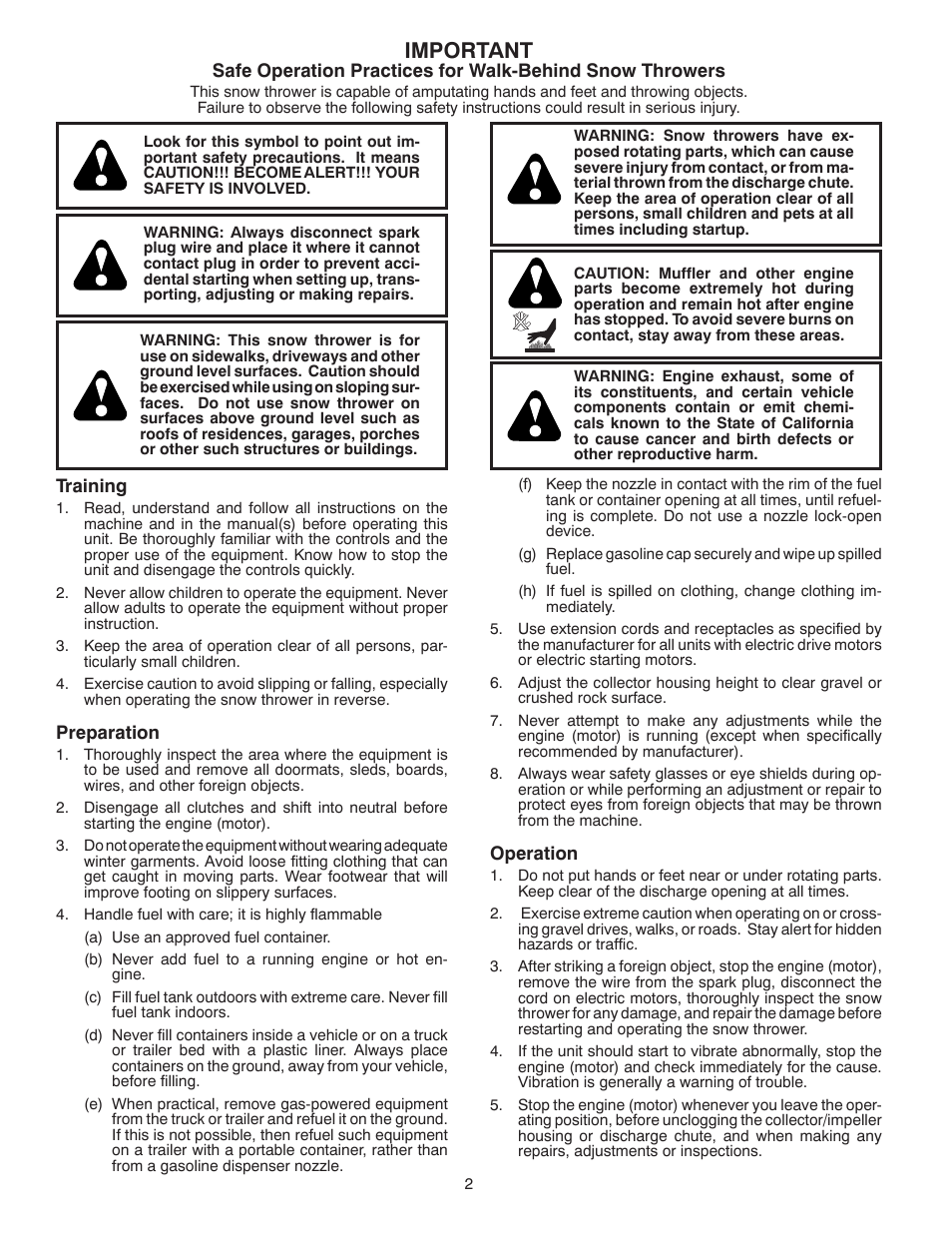 Important | Poulan Pro PR14527ES SNOW THROWER User Manual | Page 2 / 44