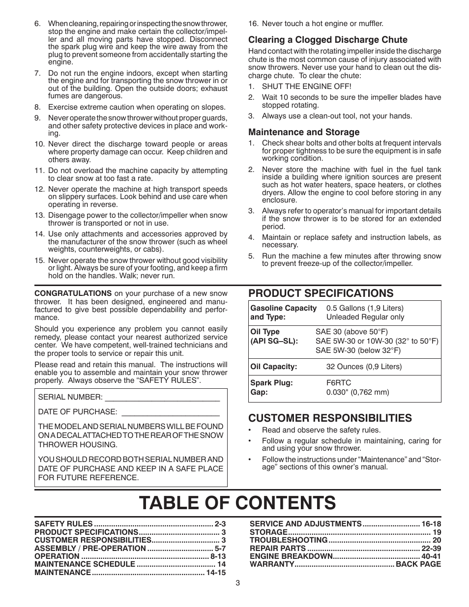 Poulan Pro PR14527ES SNOW THROWER User Manual | Page 3 / 44