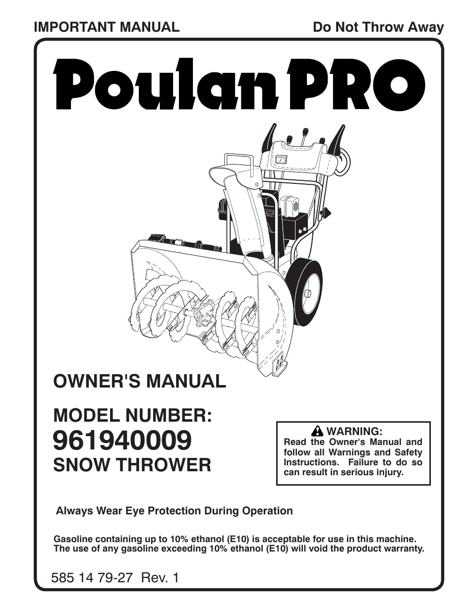 Poulan Pro 961940009 SNOW THROWER User Manual | 44 pages