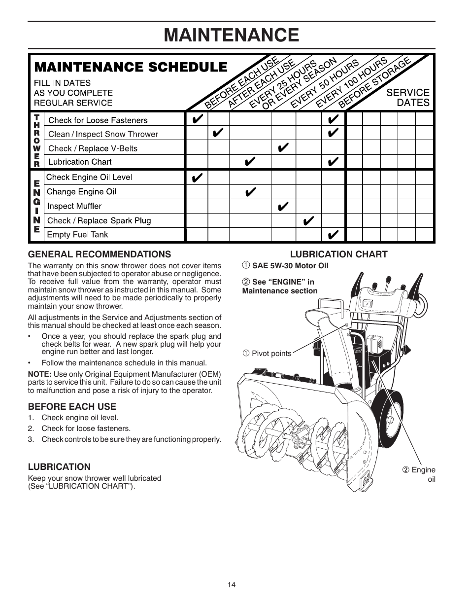 Maintenance | Poulan Pro 961940009 SNOW THROWER User Manual | Page 14 / 44