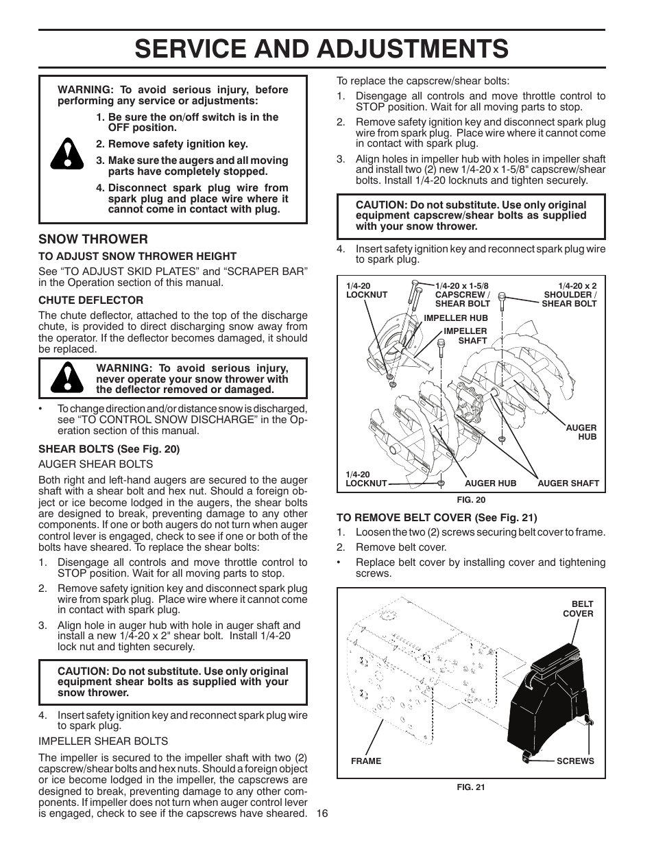 Service and adjustments, Snow thrower | Poulan Pro 961940009 SNOW THROWER User Manual | Page 16 / 44