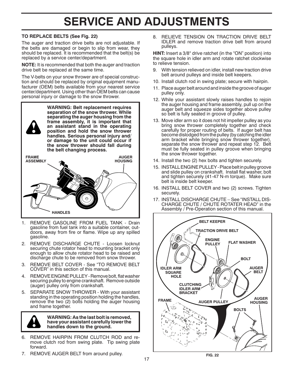 Service and adjustments | Poulan Pro 961940009 SNOW THROWER User Manual | Page 17 / 44