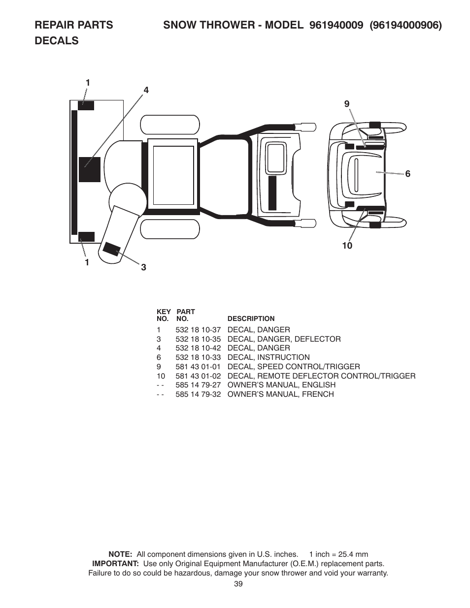Poulan Pro 961940009 SNOW THROWER User Manual | Page 39 / 44