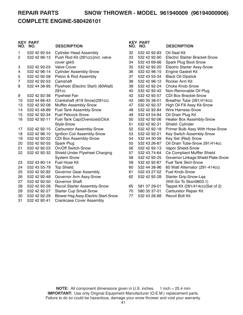 Poulan Pro 961940009 SNOW THROWER User Manual | Page 41 / 44