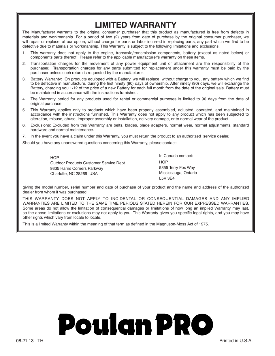 Limited warranty | Poulan Pro 961940009 SNOW THROWER User Manual | Page 44 / 44