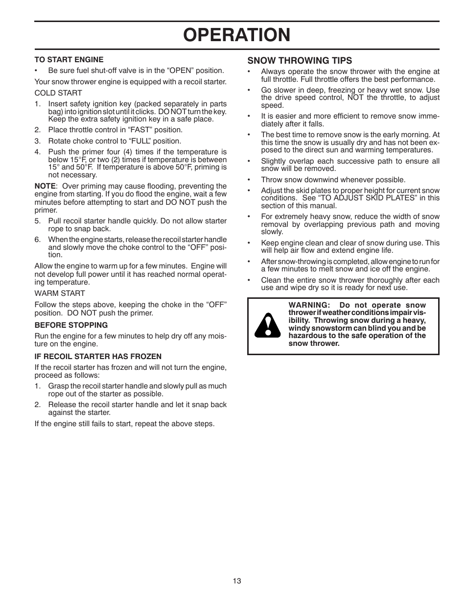 Operation | Poulan Pro PR524 SNOW THROWER User Manual | Page 13 / 32