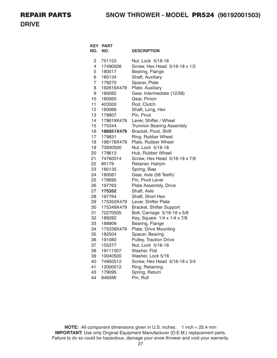 Poulan Pro PR524 SNOW THROWER User Manual | Page 27 / 32