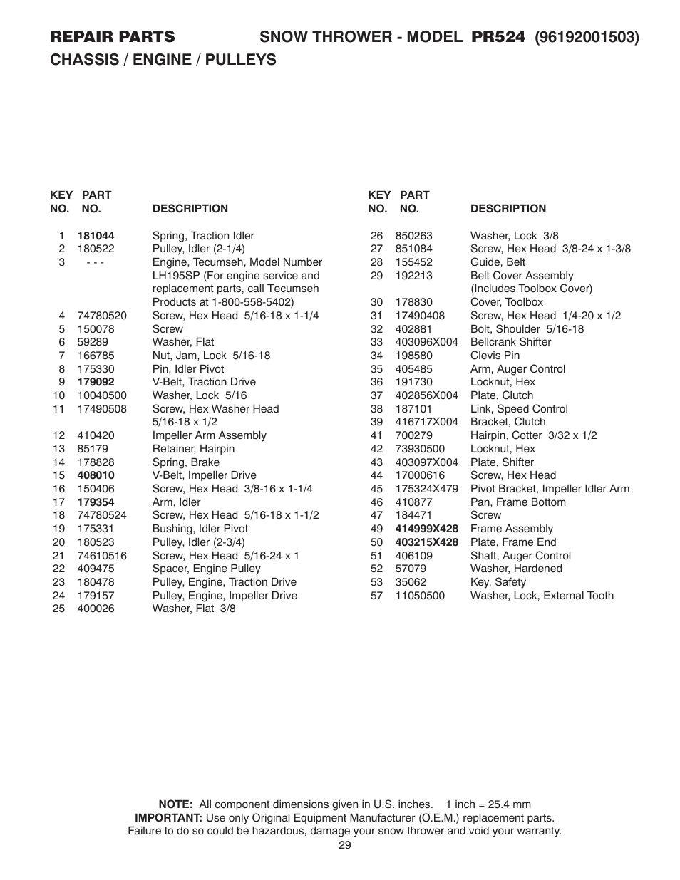Poulan Pro PR524 SNOW THROWER User Manual | Page 29 / 32