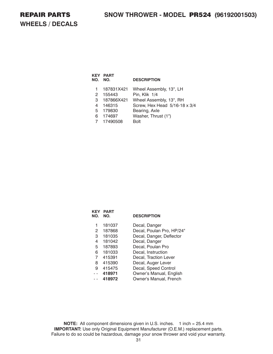 Poulan Pro PR524 SNOW THROWER User Manual | Page 31 / 32