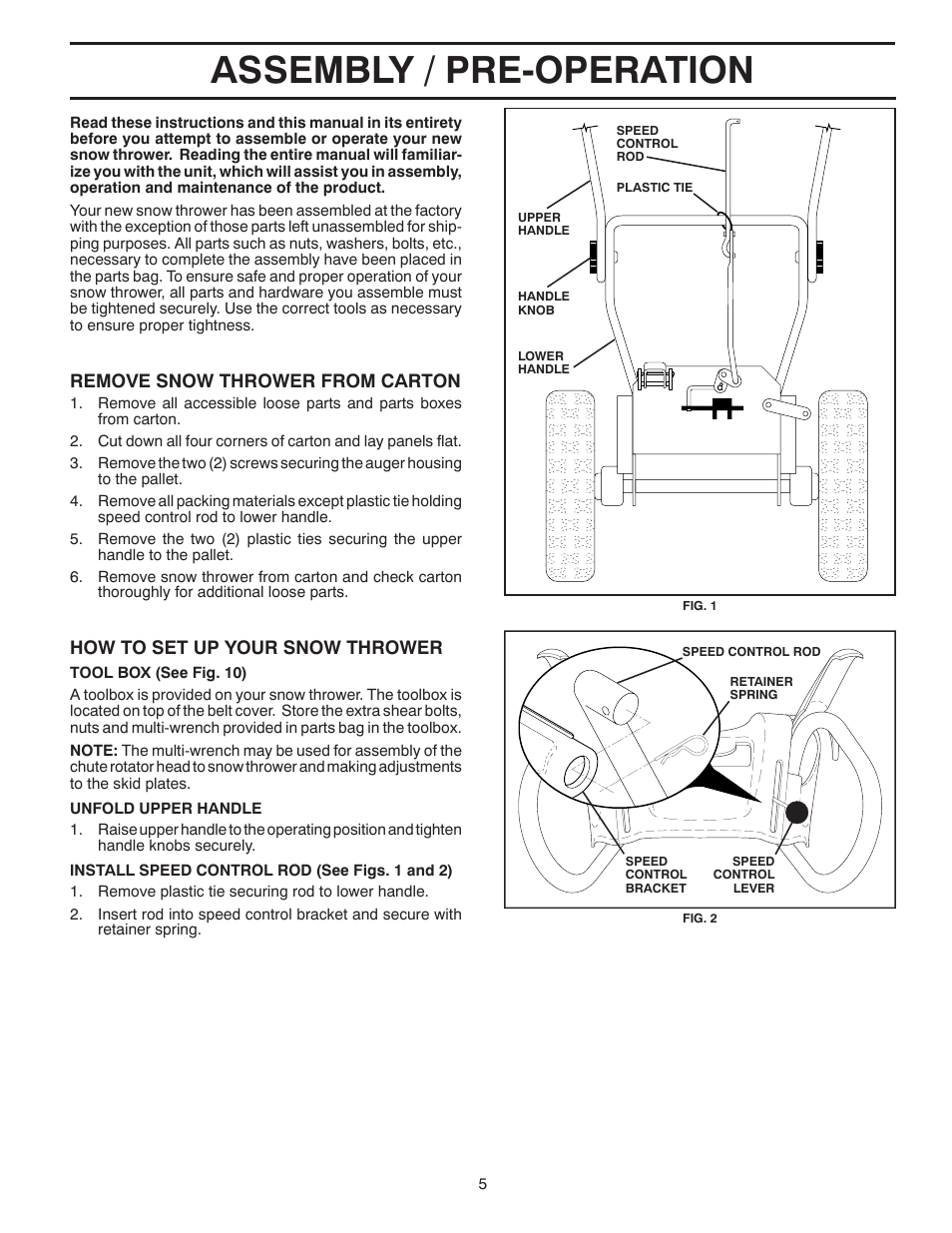 Assembly / pre-operation, Remove snow thrower from car ton, How to set up your snow thrower | Poulan Pro PR524 SNOW THROWER User Manual | Page 5 / 32