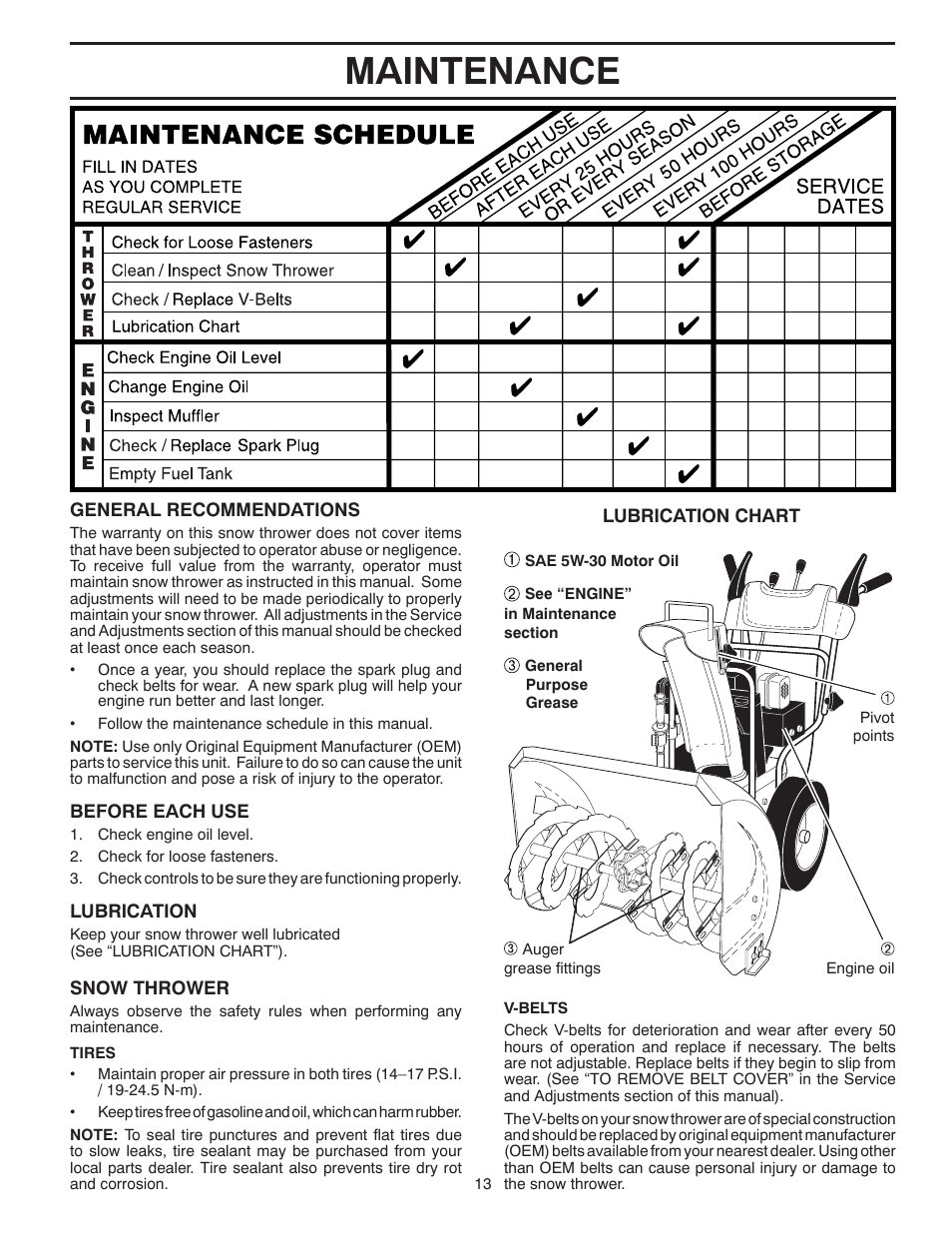 Maintenance | Poulan Pro PR8527ES SNOW THROWER User Manual | Page 13 / 32