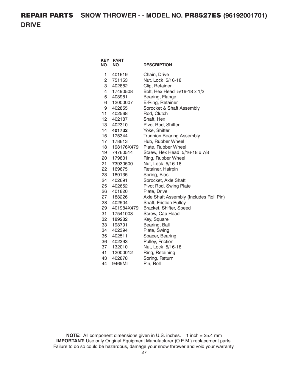 Poulan Pro PR8527ES SNOW THROWER User Manual | Page 27 / 32