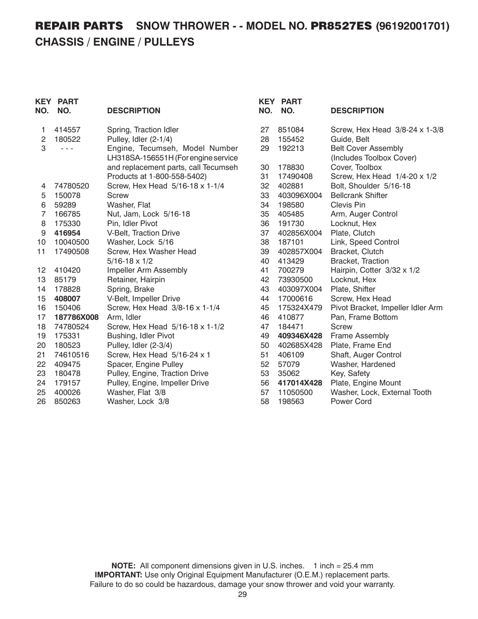 Poulan Pro PR8527ES SNOW THROWER User Manual | Page 29 / 32