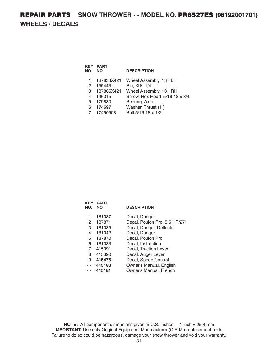 Poulan Pro PR8527ES SNOW THROWER User Manual | Page 31 / 32