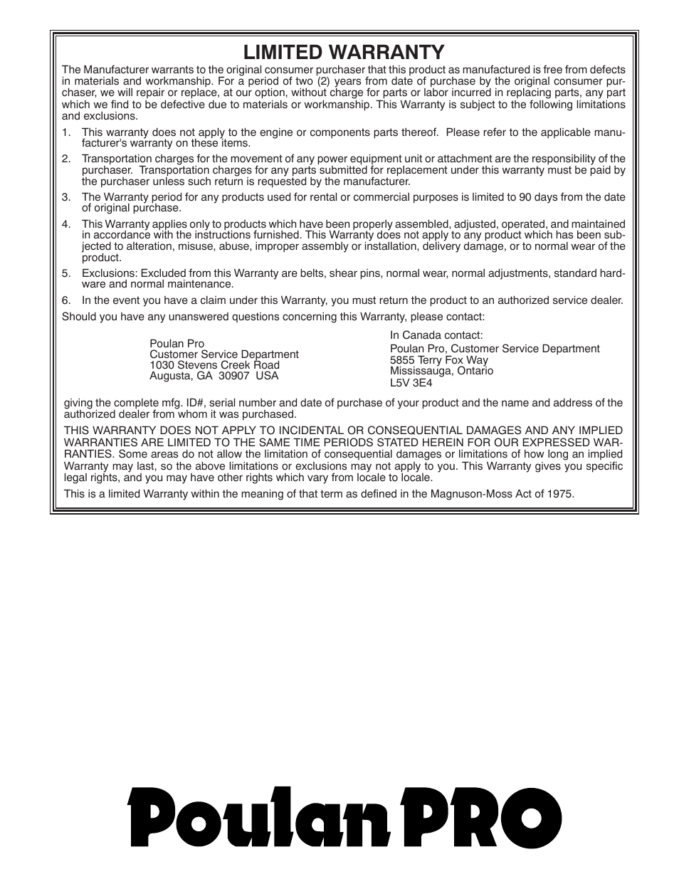 Limited warranty | Poulan Pro PR8527ES SNOW THROWER User Manual | Page 32 / 32