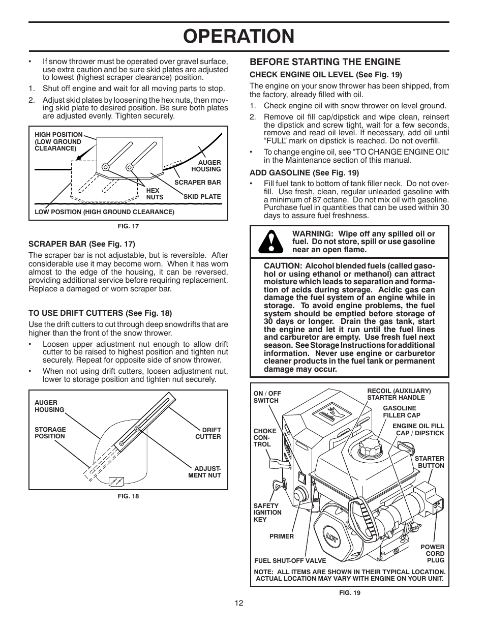 Operation, Before starting the engine | Poulan Pro PP291E30 SNOW THROWER User Manual | Page 12 / 40