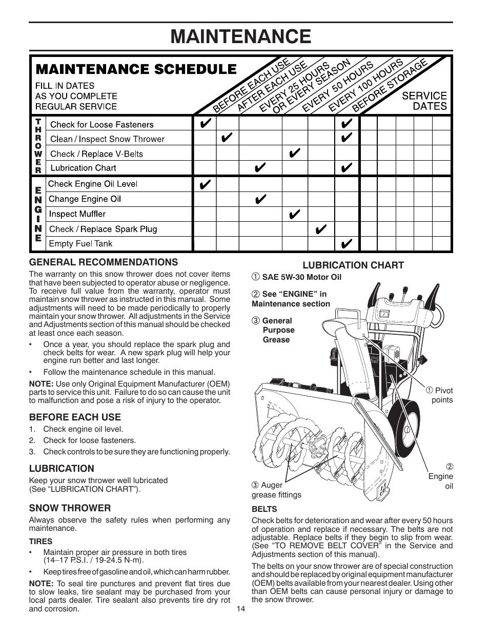 Maintenance | Poulan Pro PP291E30 SNOW THROWER User Manual | Page 14 / 40