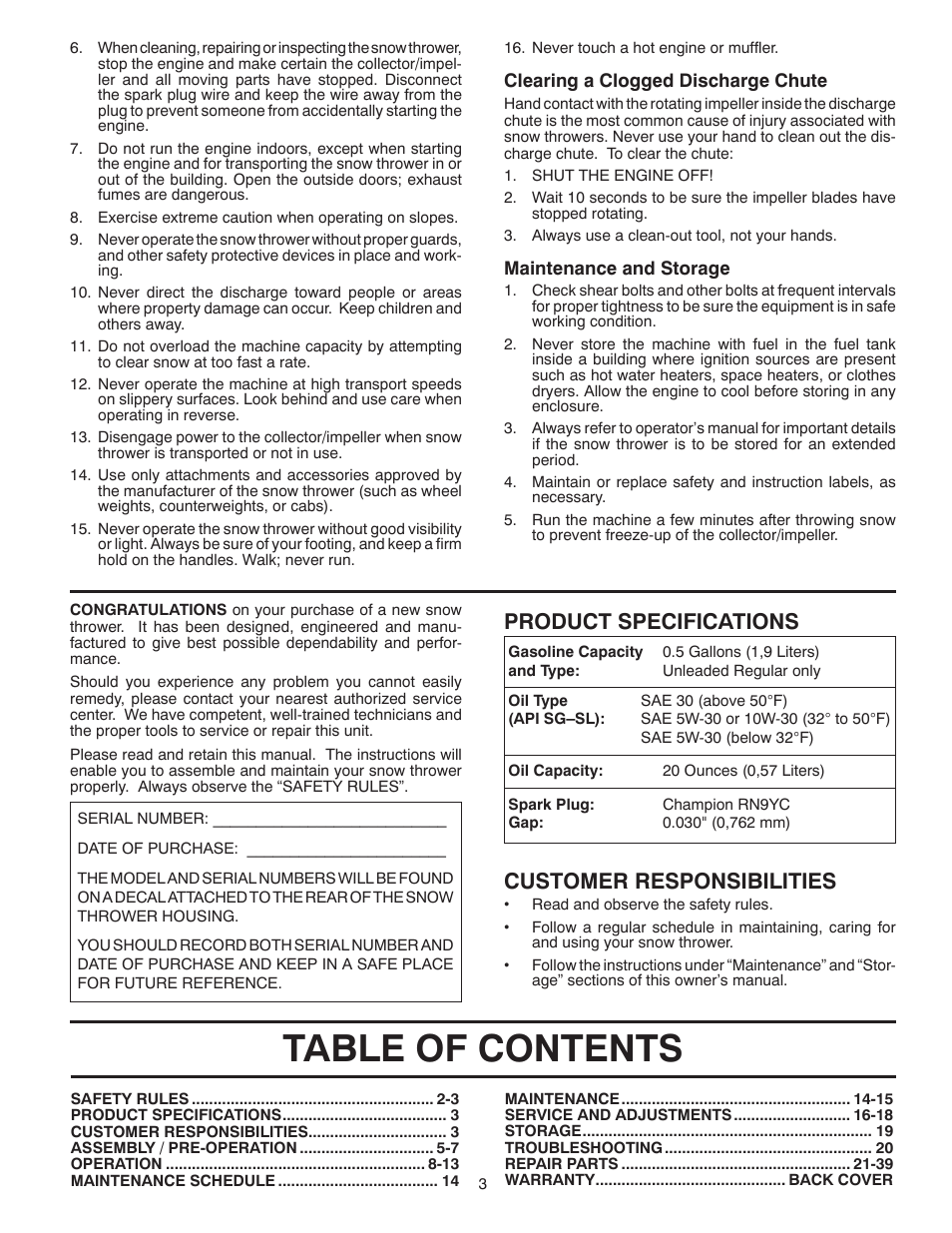 Poulan Pro PP291E30 SNOW THROWER User Manual | Page 3 / 40