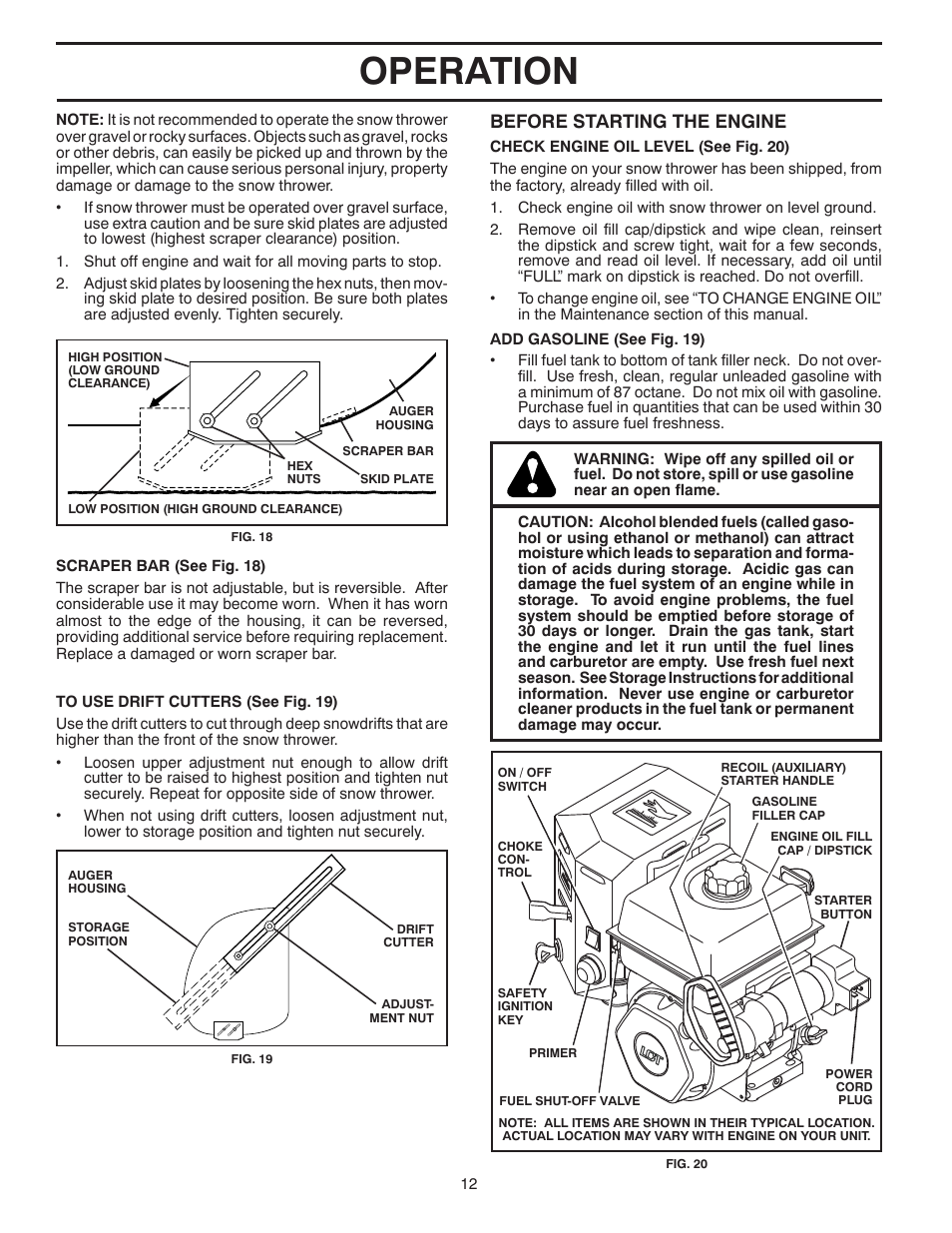 Operation, Before starting the engine | Poulan Pro PP414EPS30 SNOW THROWER User Manual | Page 12 / 44