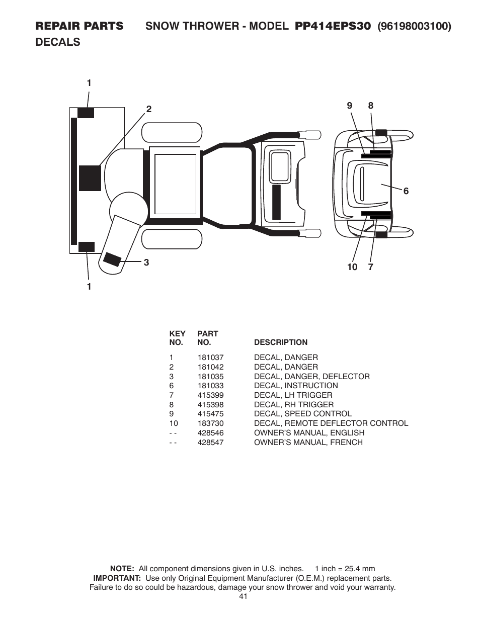 Poulan Pro PP414EPS30 SNOW THROWER User Manual | Page 41 / 44