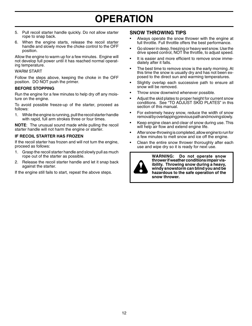 Operation | Poulan Pro PR524 SNOW THROWER User Manual | Page 12 / 20