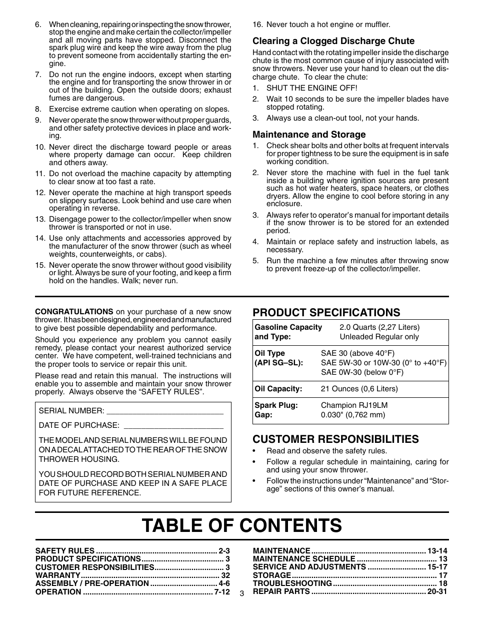 Poulan Pro PR524 SNOW THROWER User Manual | Page 3 / 20