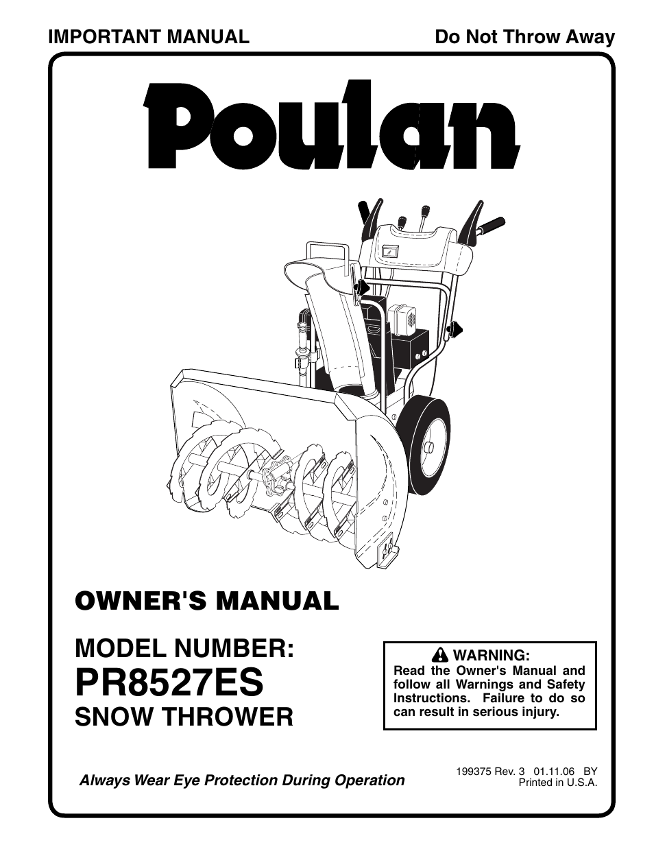 Poulan Pro PR8527ES SNOW THROWER User Manual | 20 pages